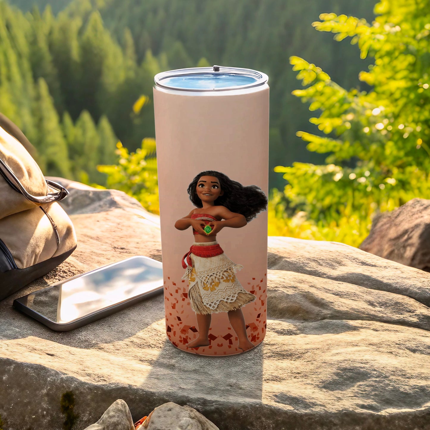 Moana tumbler with palm trees and a beach-themed background.