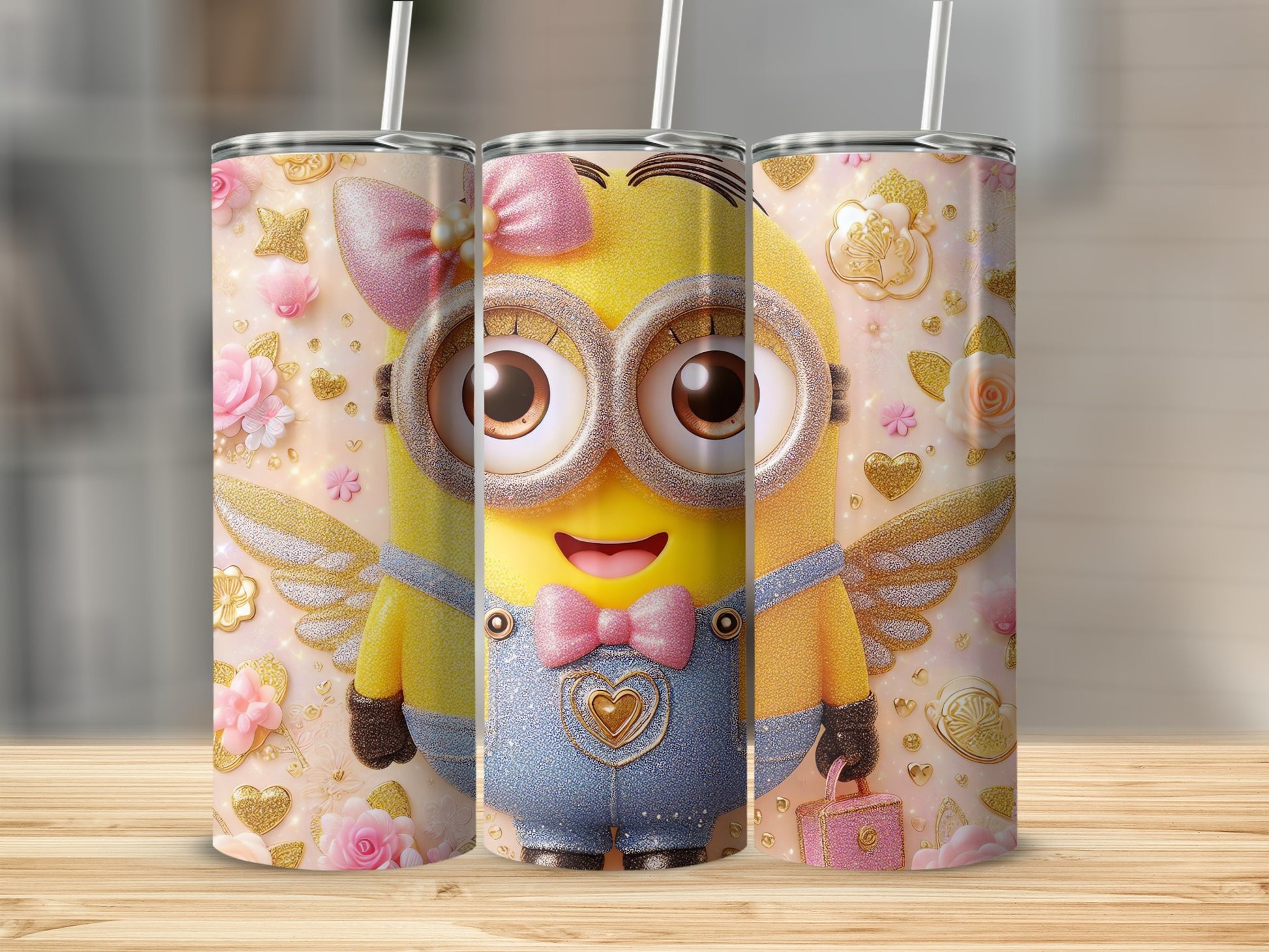 Cute Minion Tumbler with Pink Bow and Heart Decor