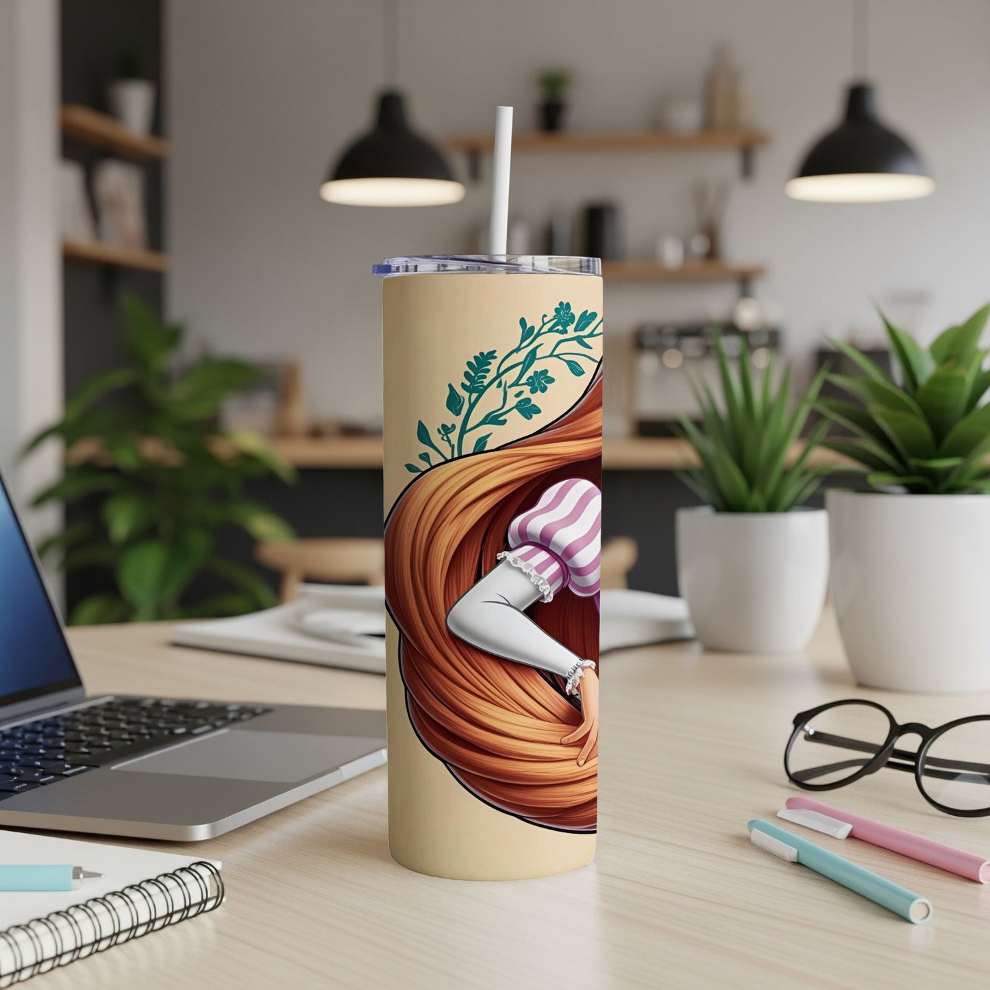 Tumbler with Rapunzel's long blonde hair and striped sleeve.