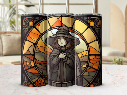 Three stained glass tumblers featuring a witch with stained glass background.