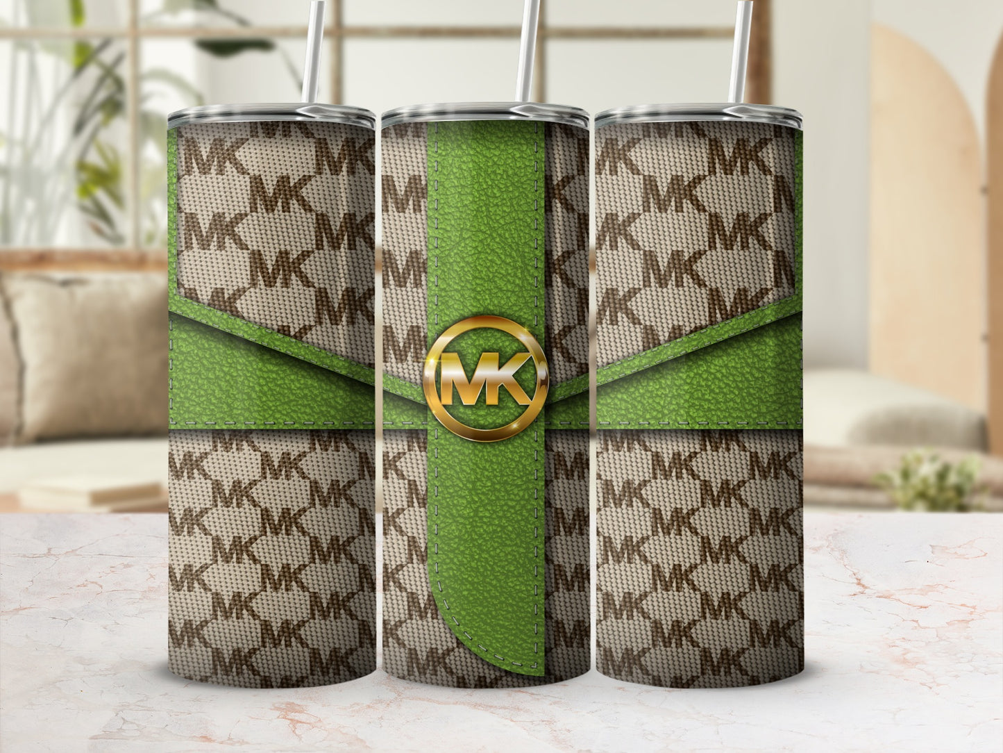 Green and Brown MK Pattern Tumbler with Lid