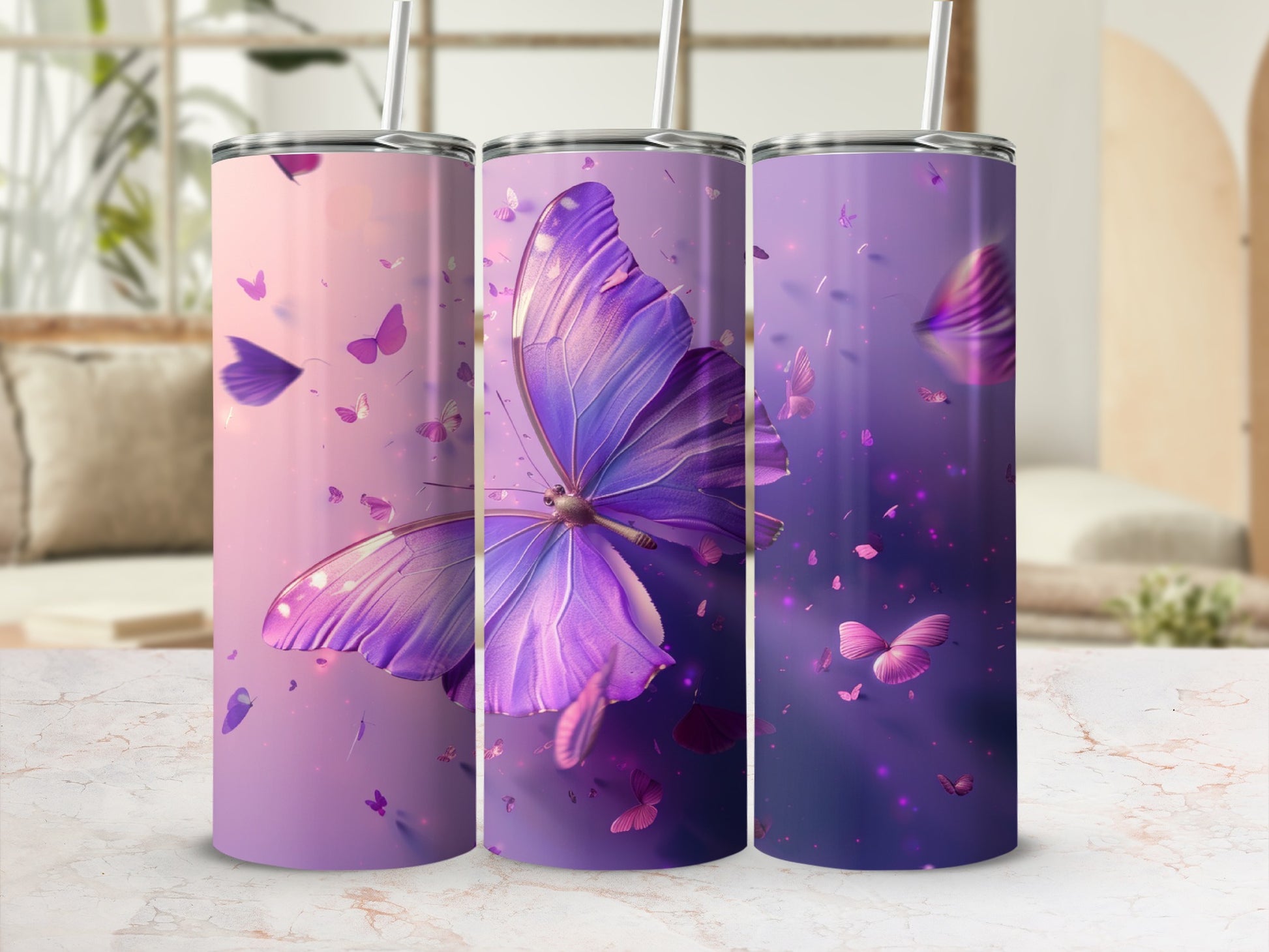 Three purple butterfly tumblers with a gradient background.