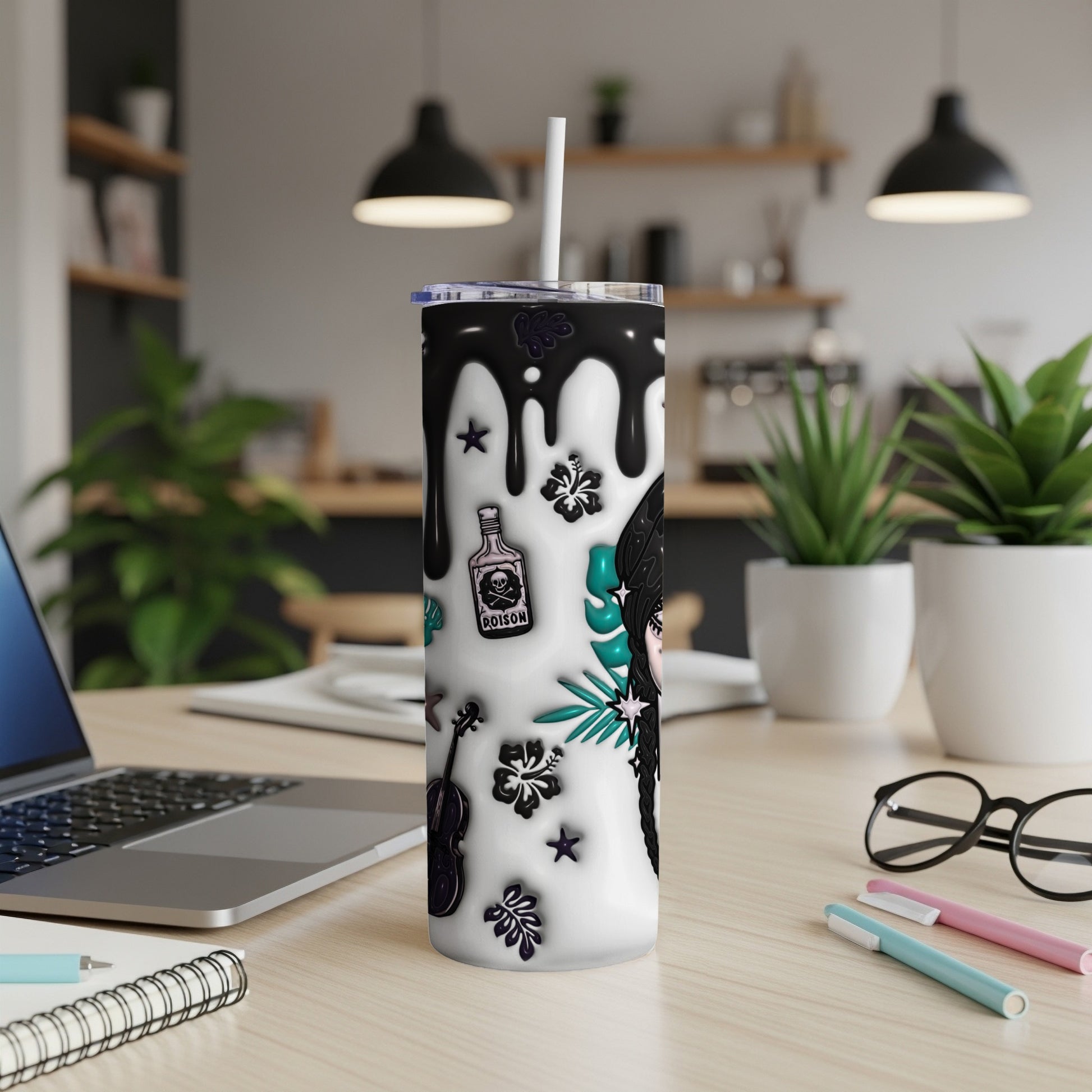 White tumbler with gothic floral and poison bottle design.