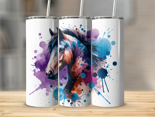 Three tumblers with a watercolor horse head design.