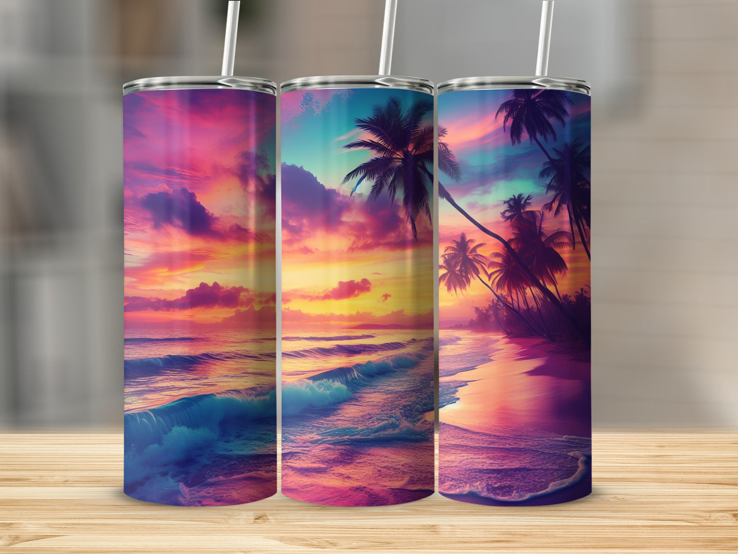 Sunset Beach Scene with Palm Trees Tumbler Product