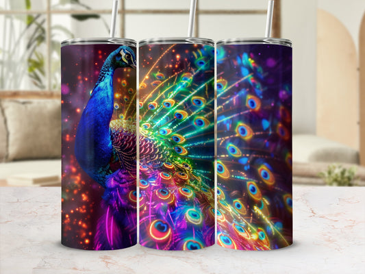 Tall tumbler with a vibrant peacock feather design and scattered glitter.