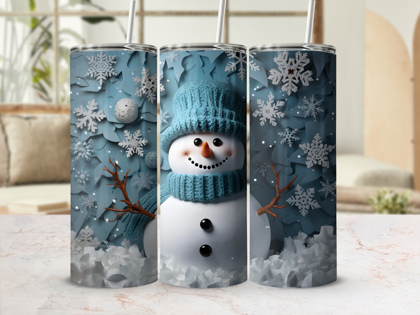 Festive Winter Snowman and Snowflakes Drink Tumbler