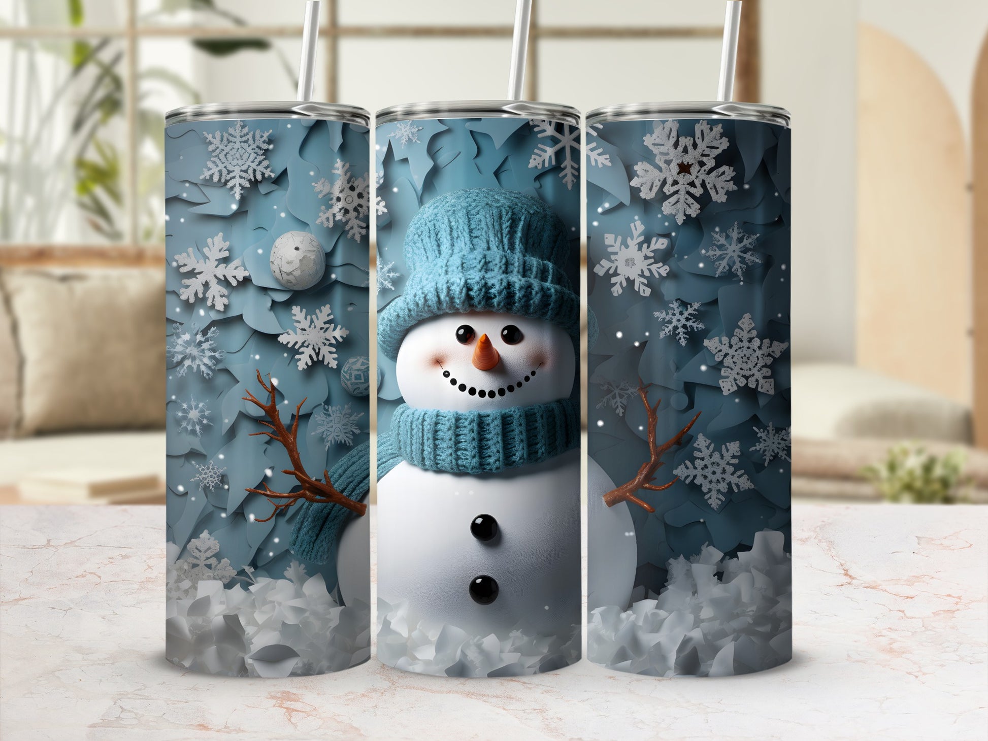 Festive Winter Snowman and Snowflakes Drink Tumbler