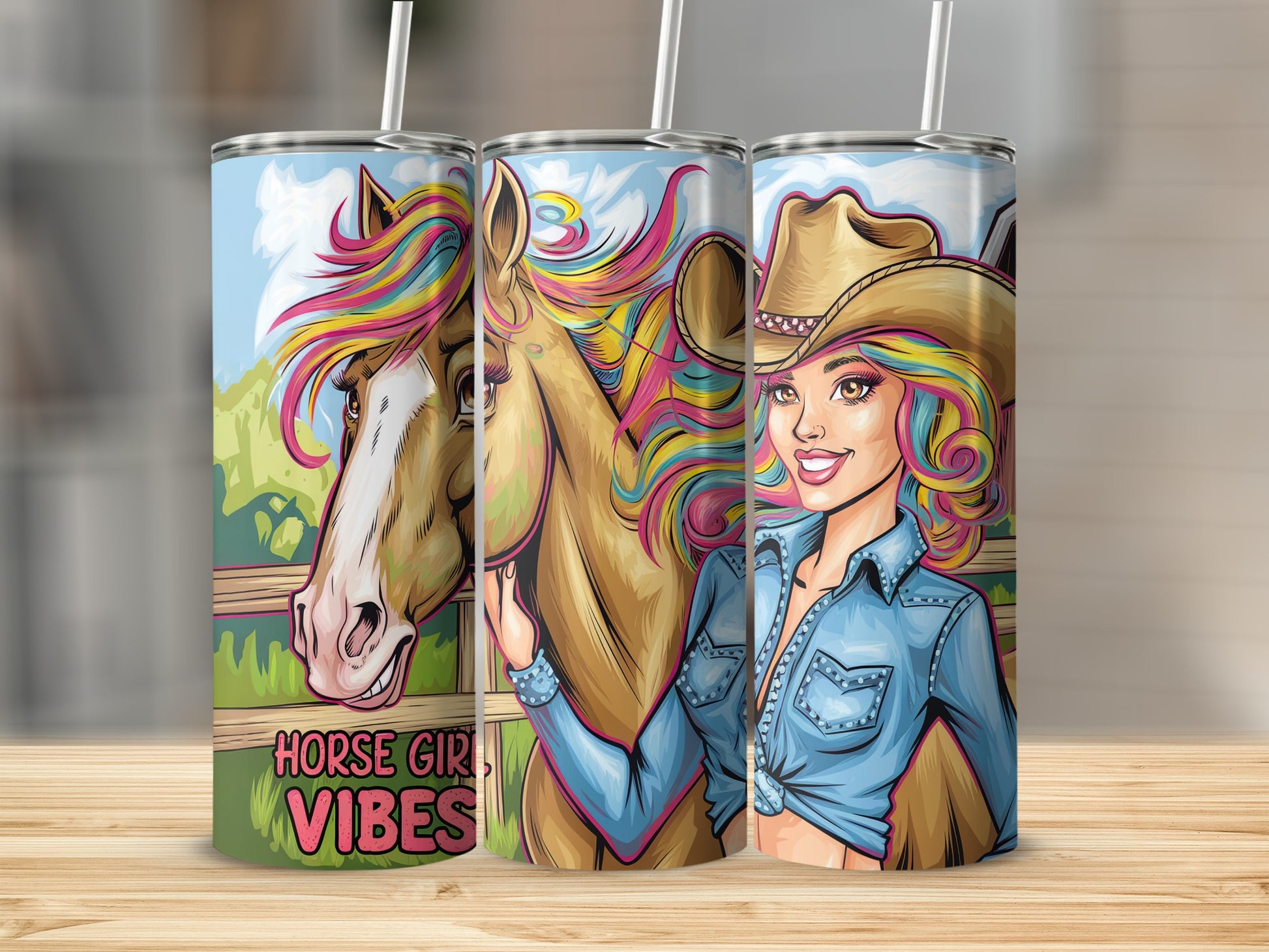 Cowgirl and horse with colorful mane, "Horse Girl Vibes" text.