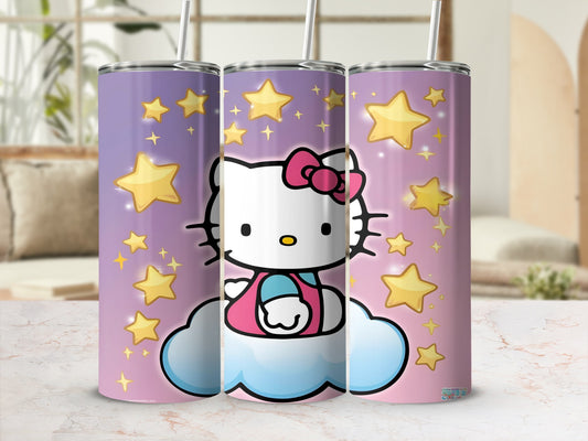Hello Kitty with pink bow on cloud, surrounded by stars.