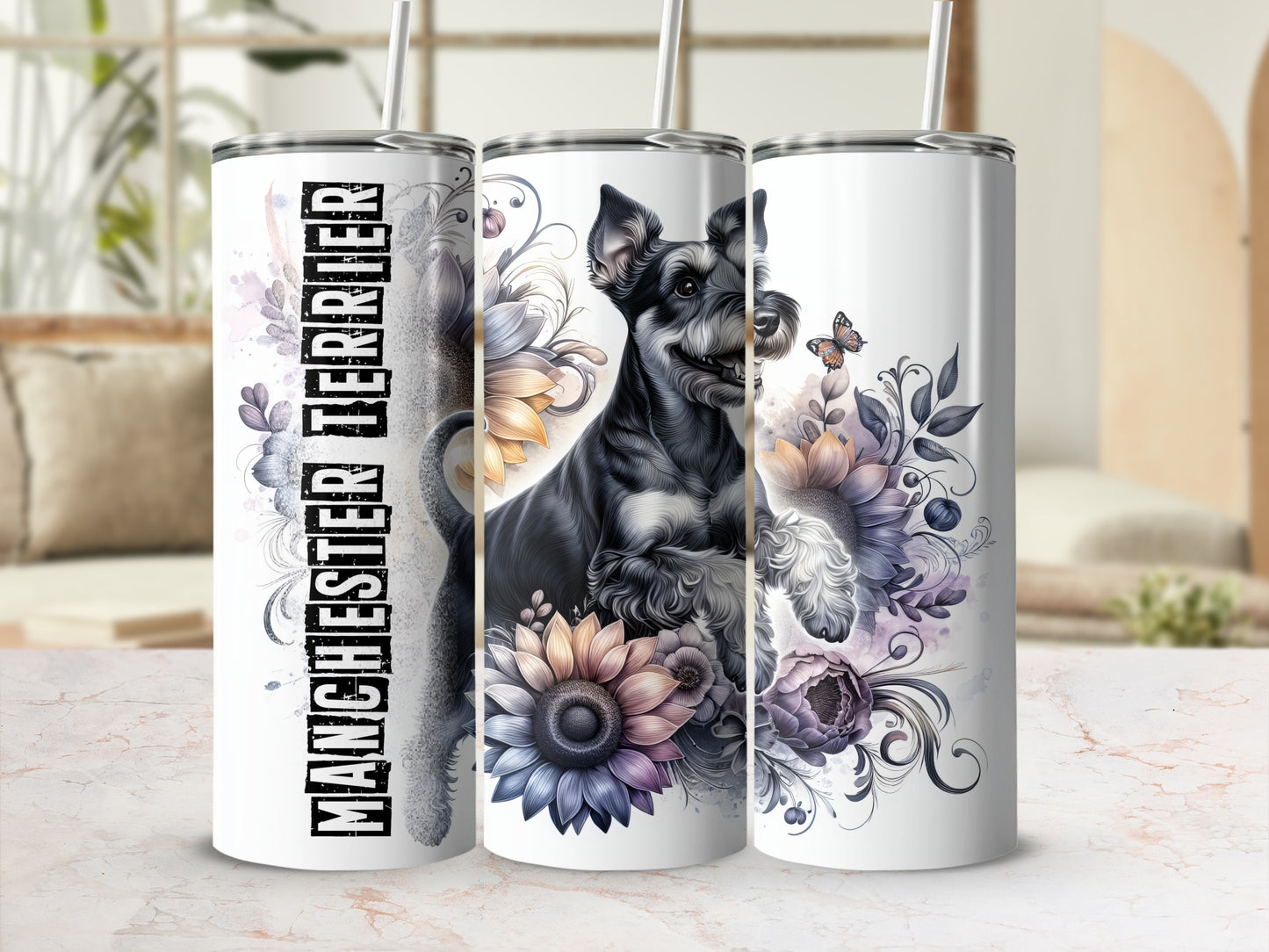 Schnauzer with flowers and butterfly on a tall tumbler.