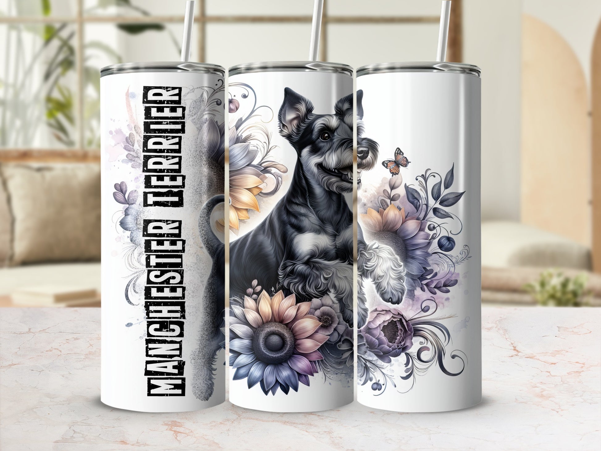 Schnauzer with flowers and butterfly on a tall tumbler.