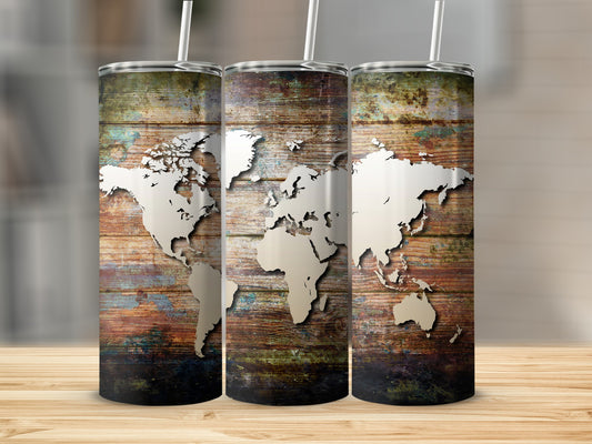 Three tumblers with a rustic wood background and a white world map design.
