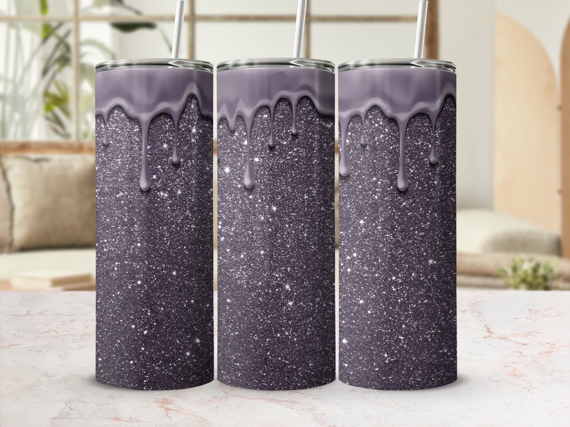 Glitter Purple and Silver Dripping Design Tumbler