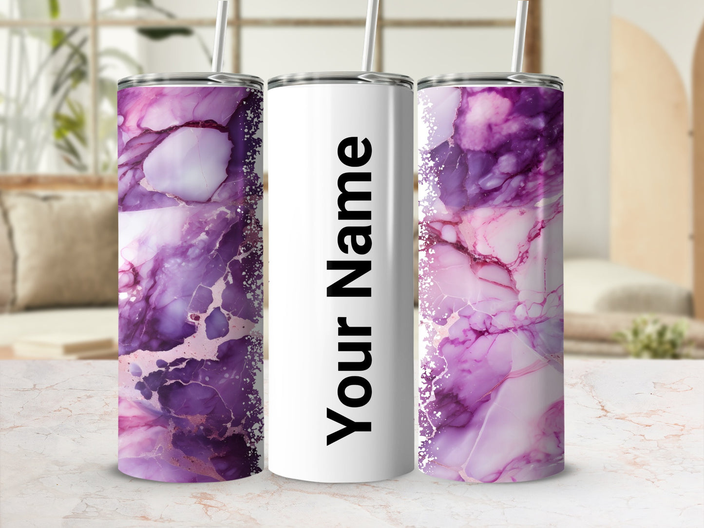 Personalized Purple Marble Insulated Tumbler with Straw