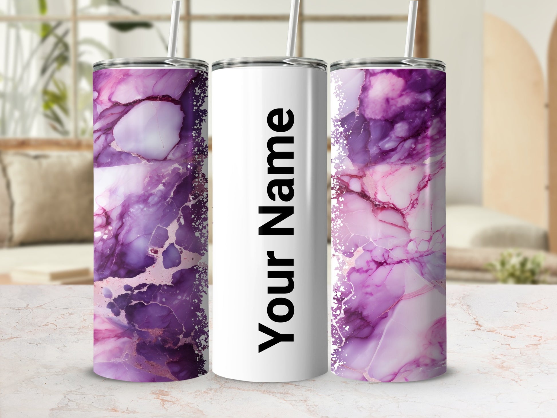 Personalized Purple Marble Insulated Tumbler with Straw