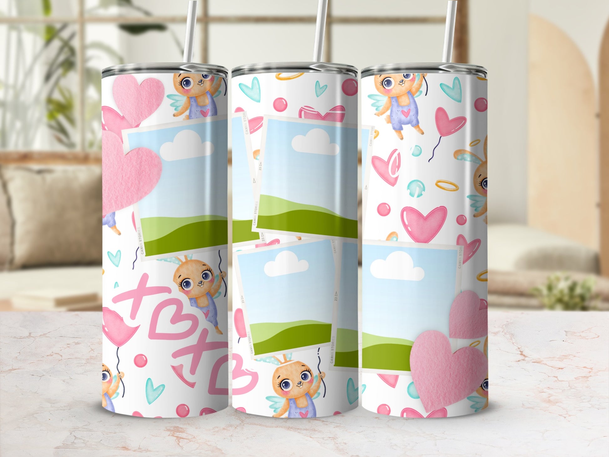 Tumbler with cartoon bunnies, hearts, and photo placeholders on a white background.