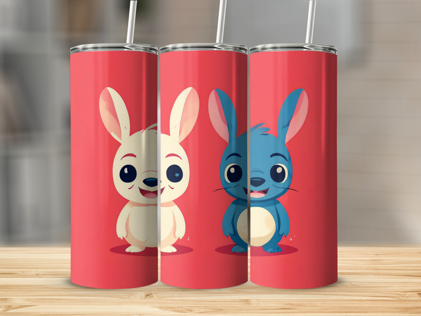 Two cartoon bunnies, one white and one blue, on red tumblers.