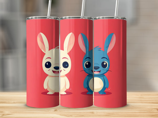 Two cartoon bunnies, one white and one blue, on red tumblers.