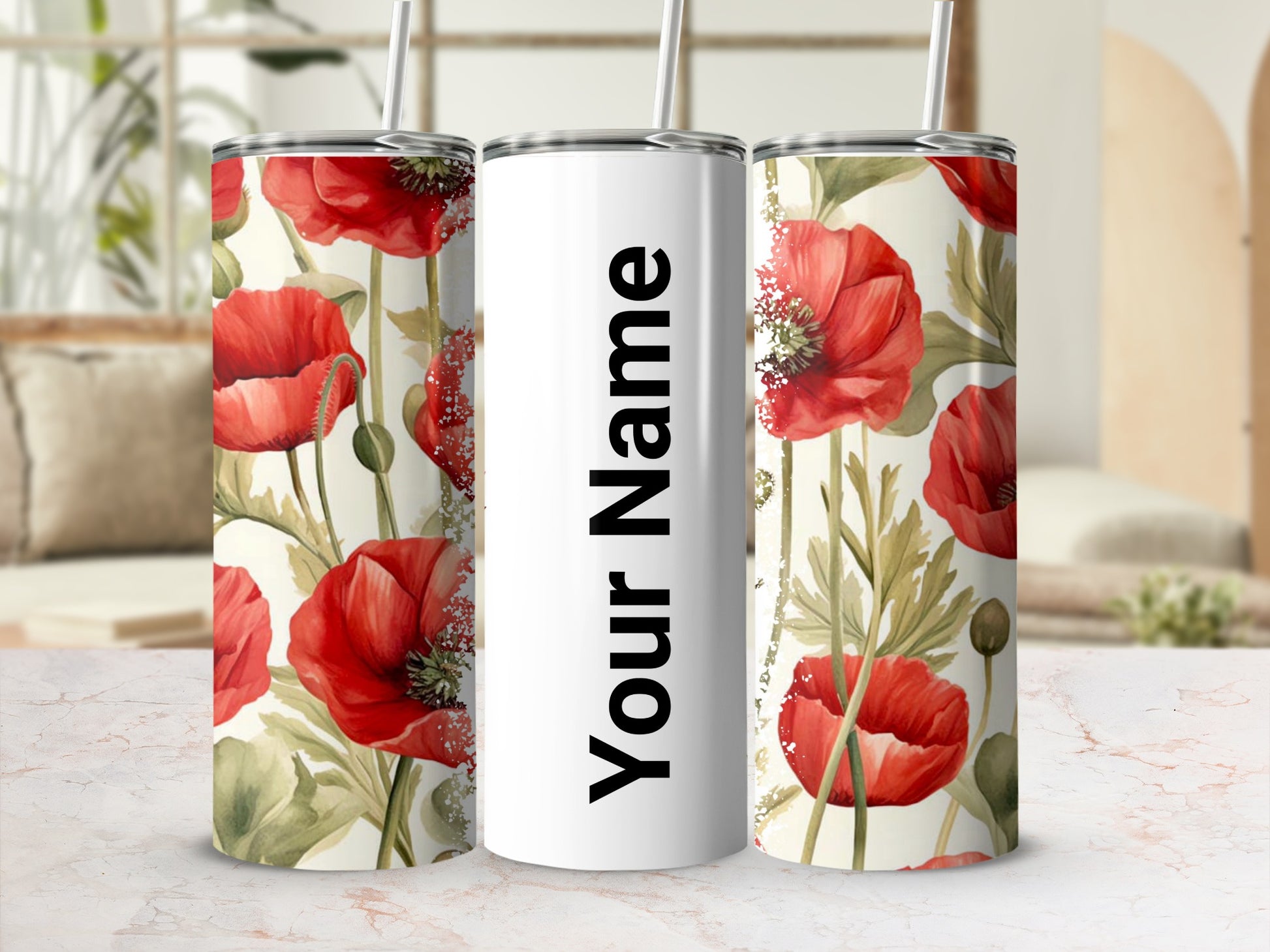 Personalized Poppy Flower Design Tumbler with Straw
