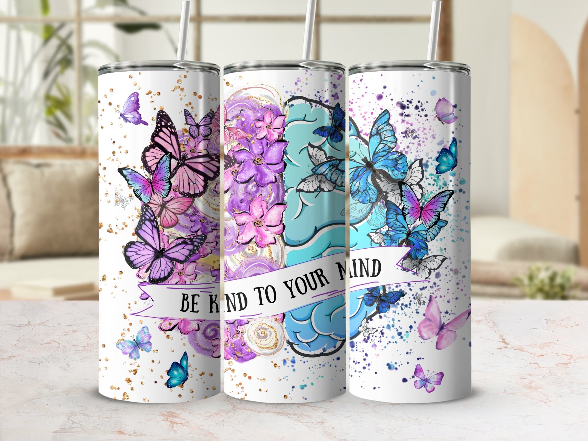 Be Kind To Your Mind Butterflies Flowers Brain Tumbler product type