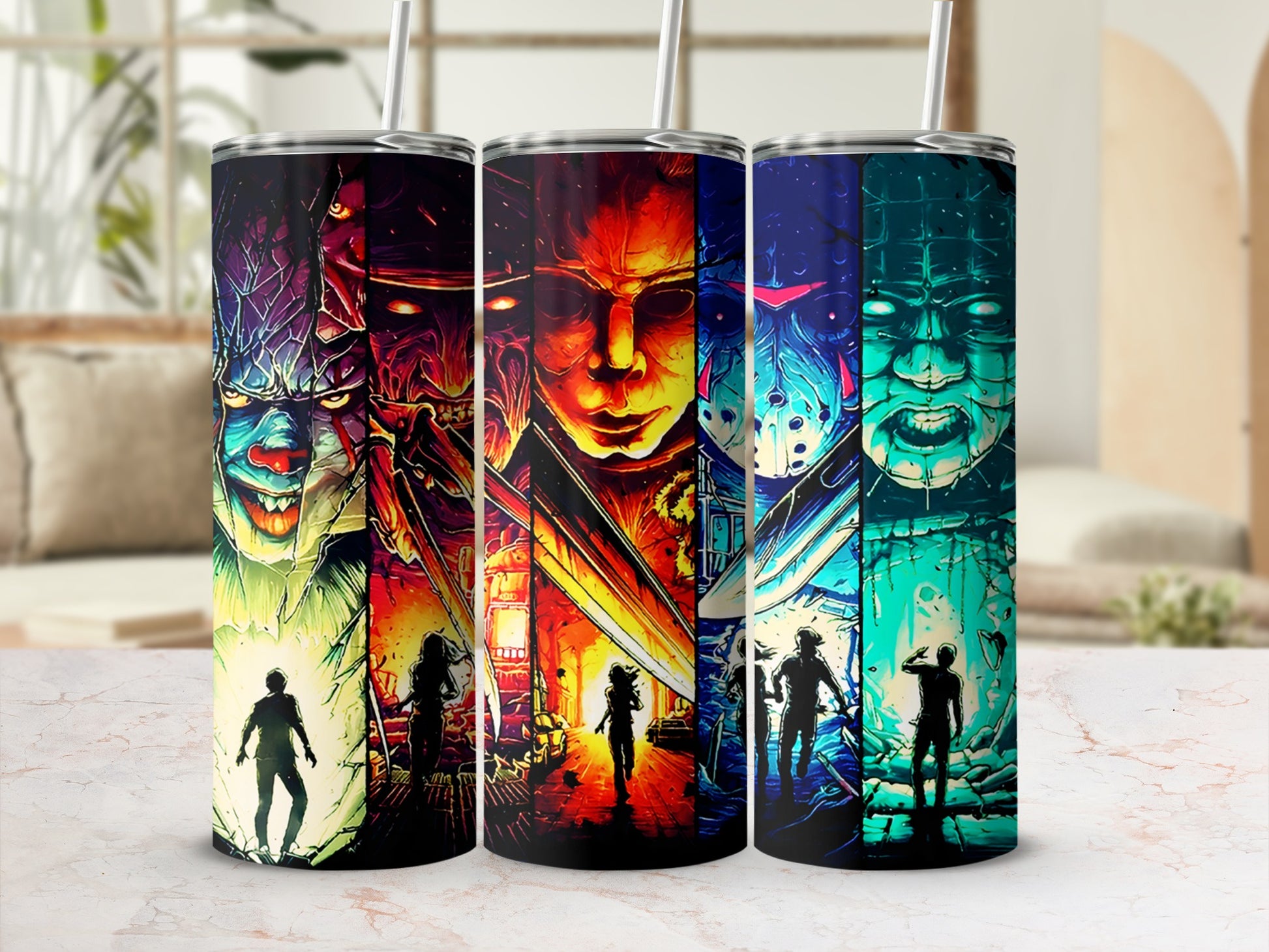 Three tumblers featuring horror movie villains: Pennywise, Freddy Krueger, Jason Voorhees, and Pinhead.