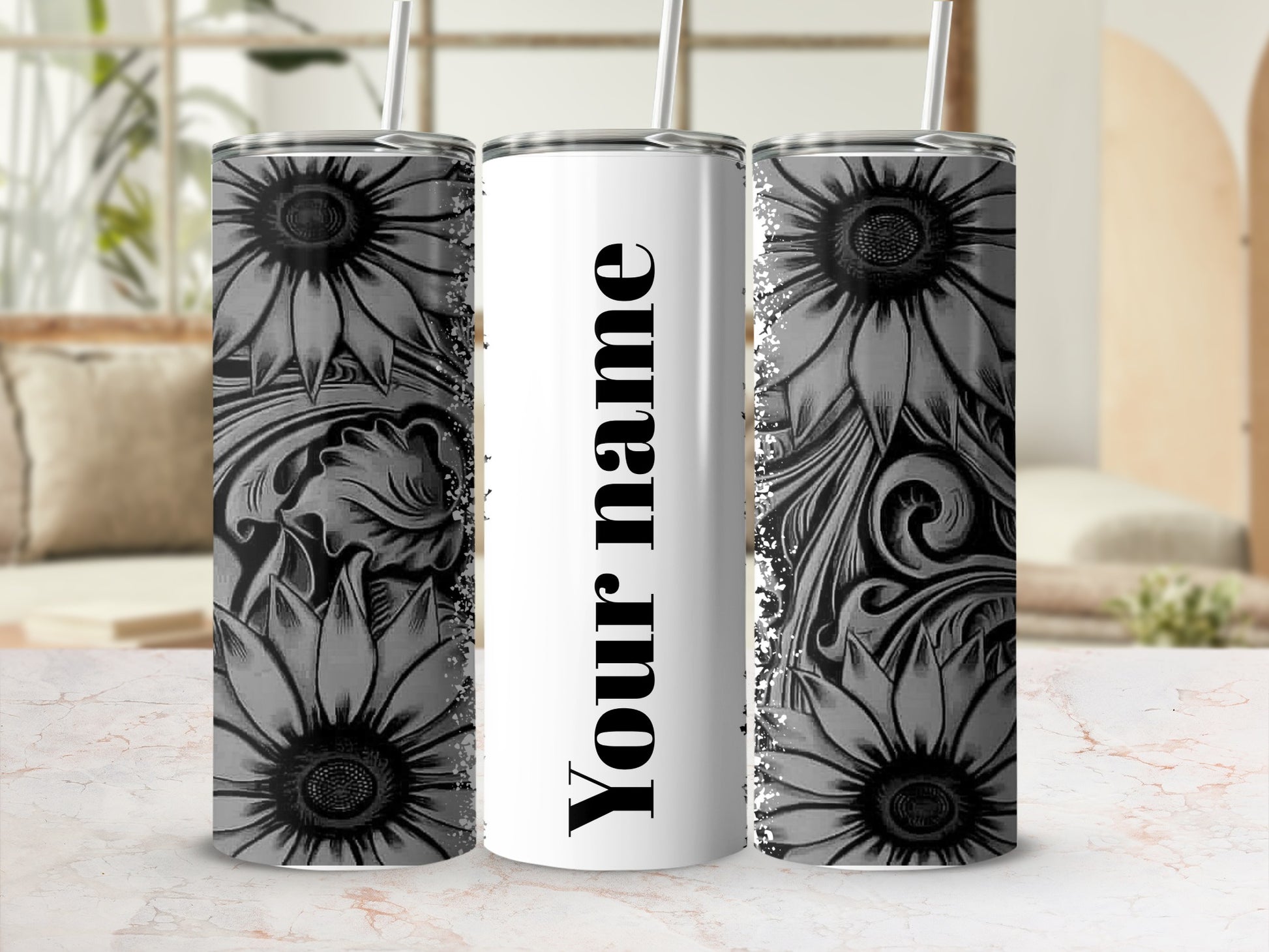 Custom Black And White Floral Personalized Tumbler