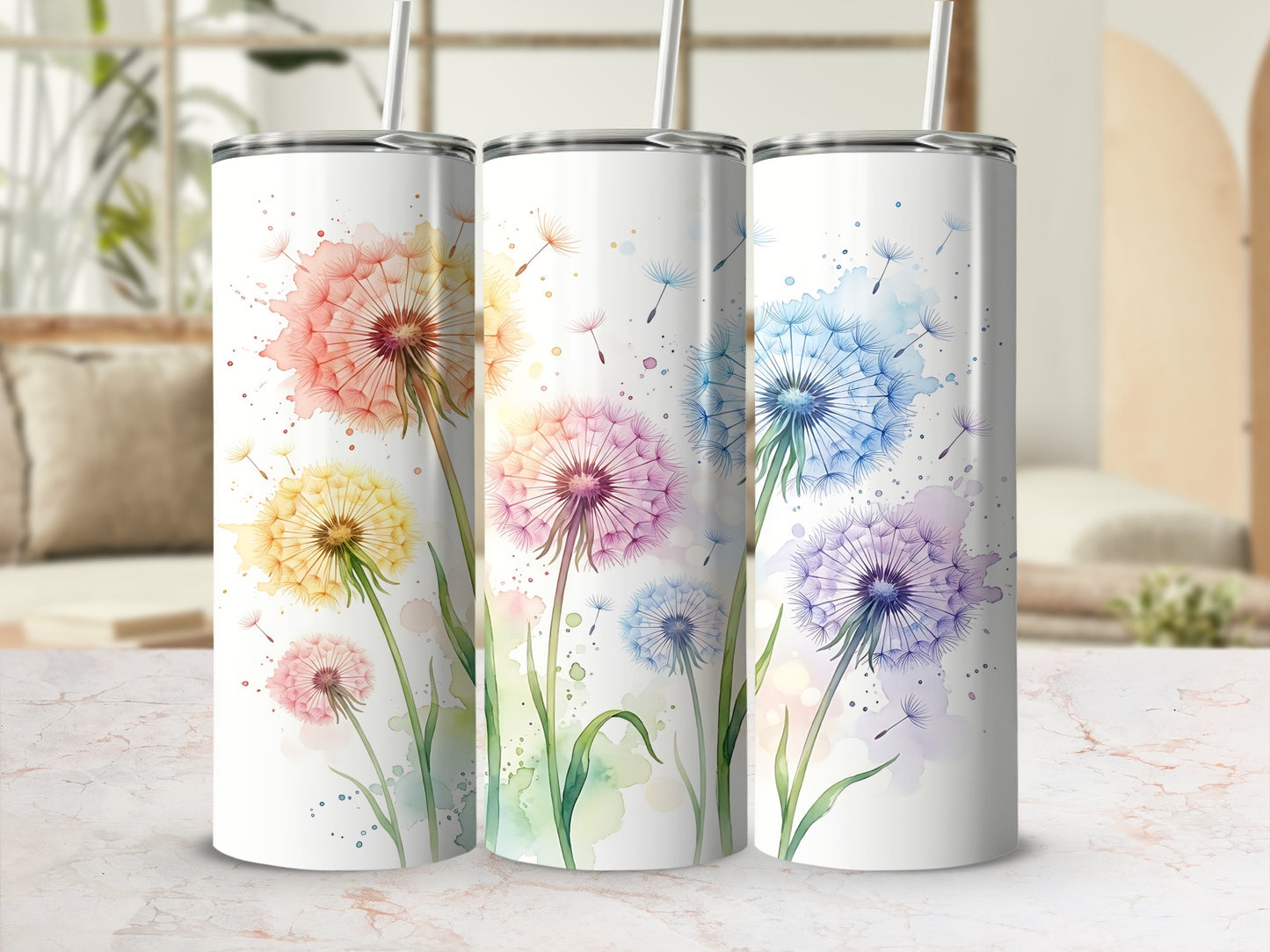 Three tumblers with colorful dandelion designs.