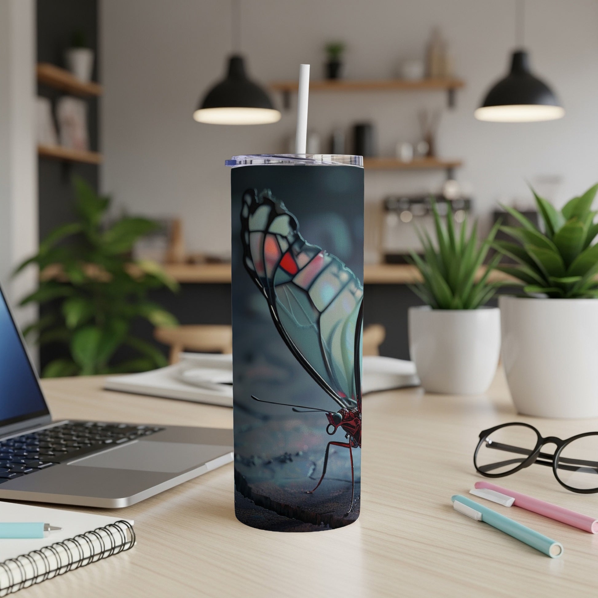 Tall tumbler with a close-up of a butterfly with stained-glass wings.