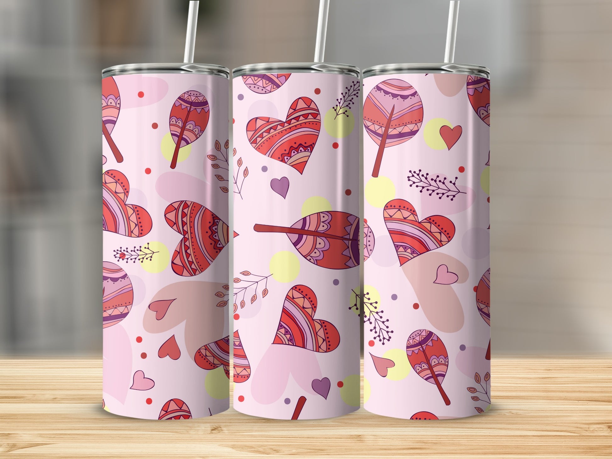 Stylish Abstract Hearts and Feathers Tumbler Design