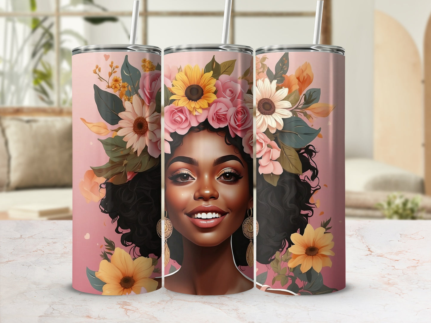 Woman with flower crown on pink tumbler.