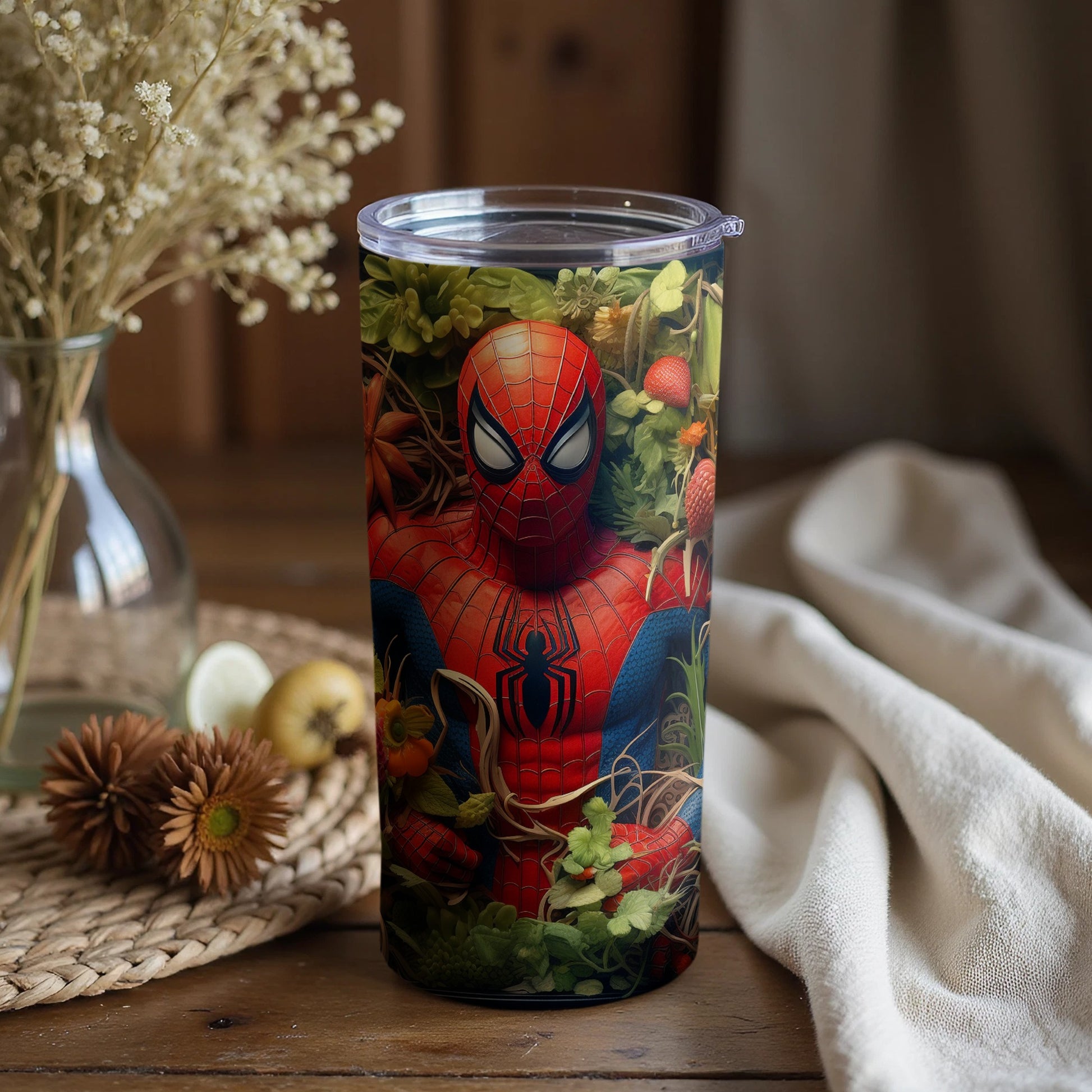 Spider-Man Tumbler with Vibrant Floral Surrounding