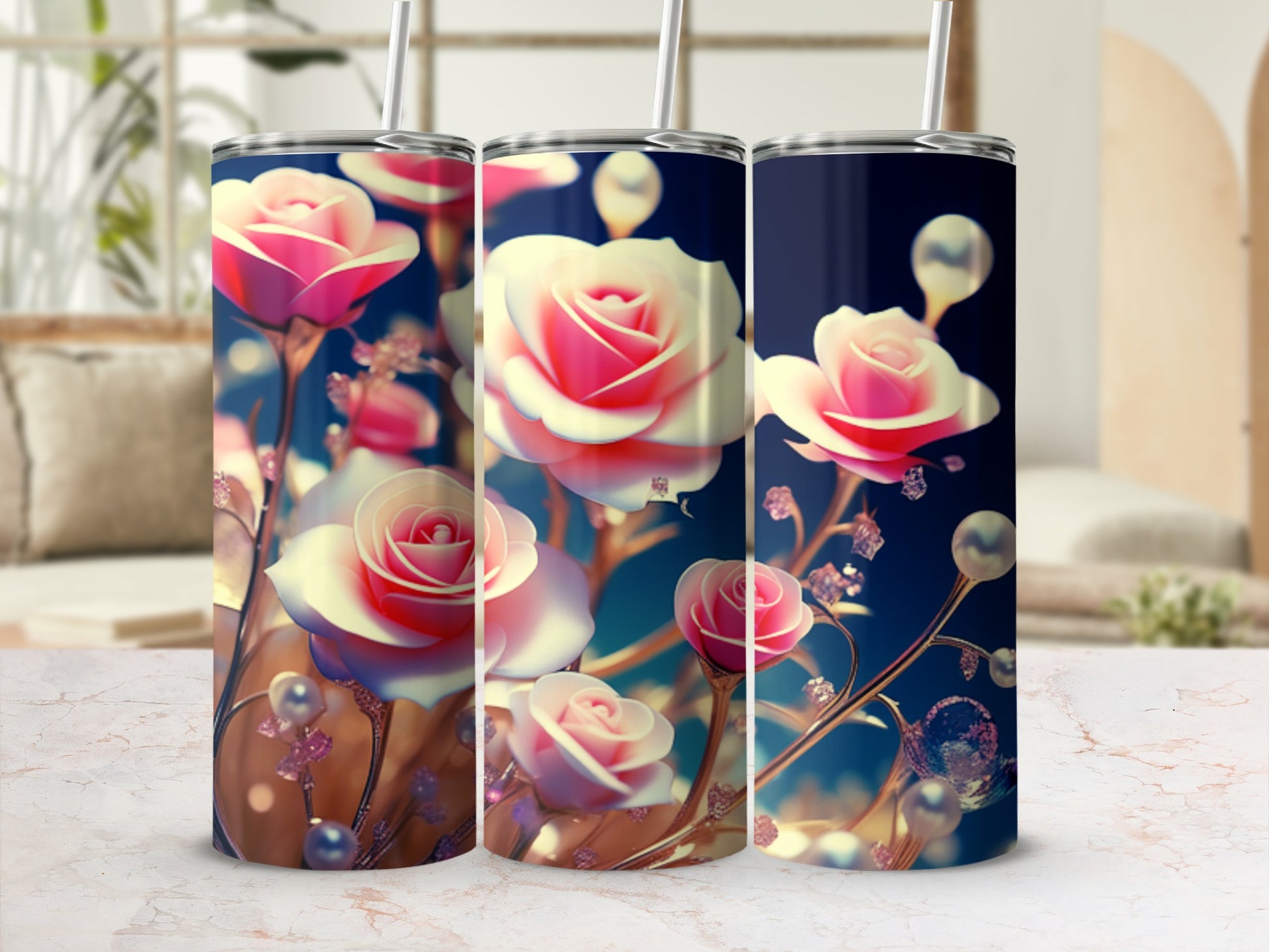 Three tall tumblers with pink roses and gold accents.
