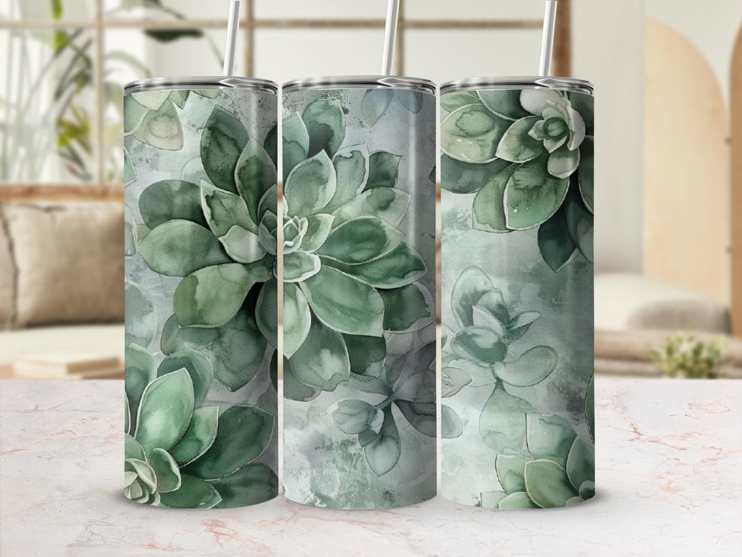 Three tumblers with a green succulent floral watercolor design.
