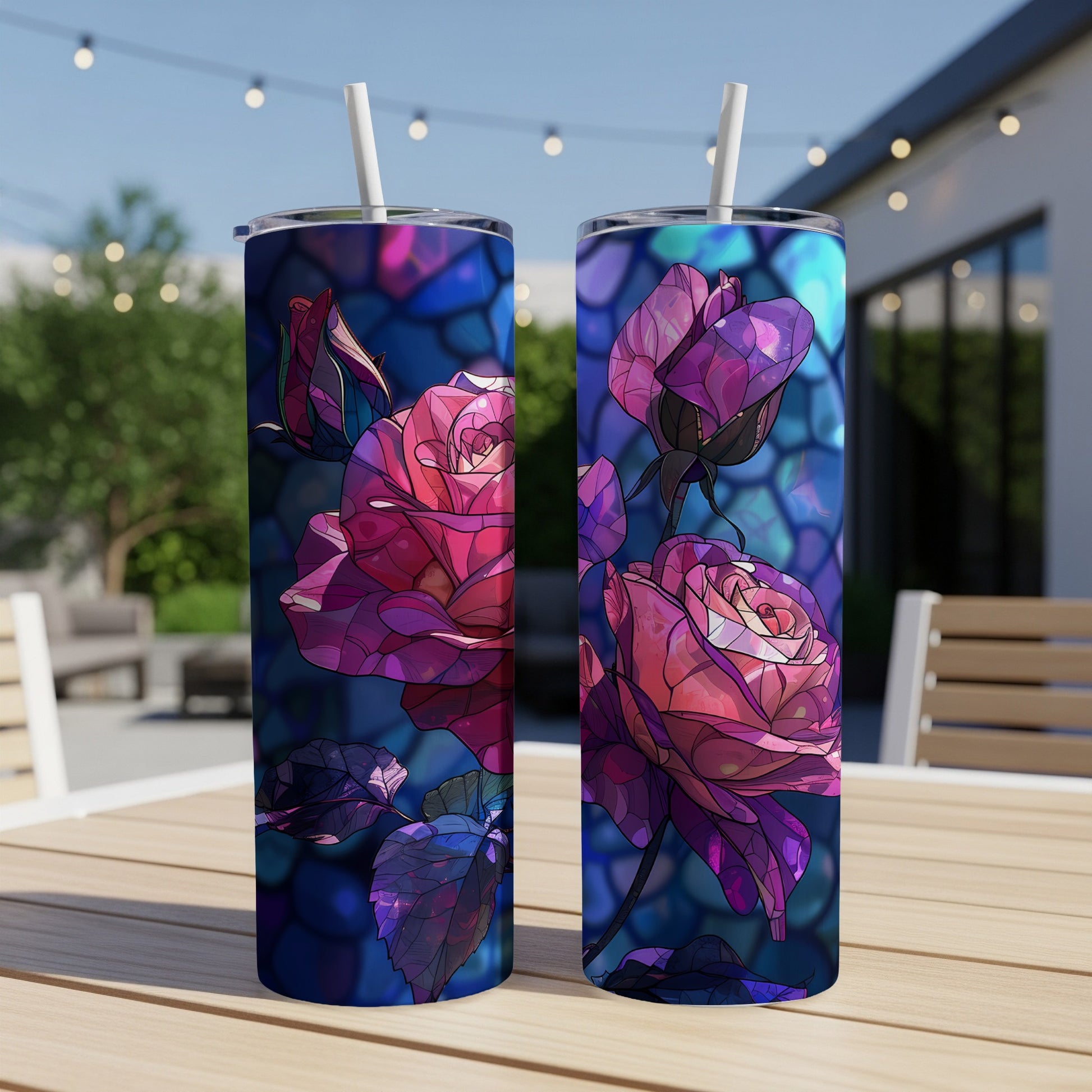 Two tumblers with vibrant stained-glass style pink and purple roses.