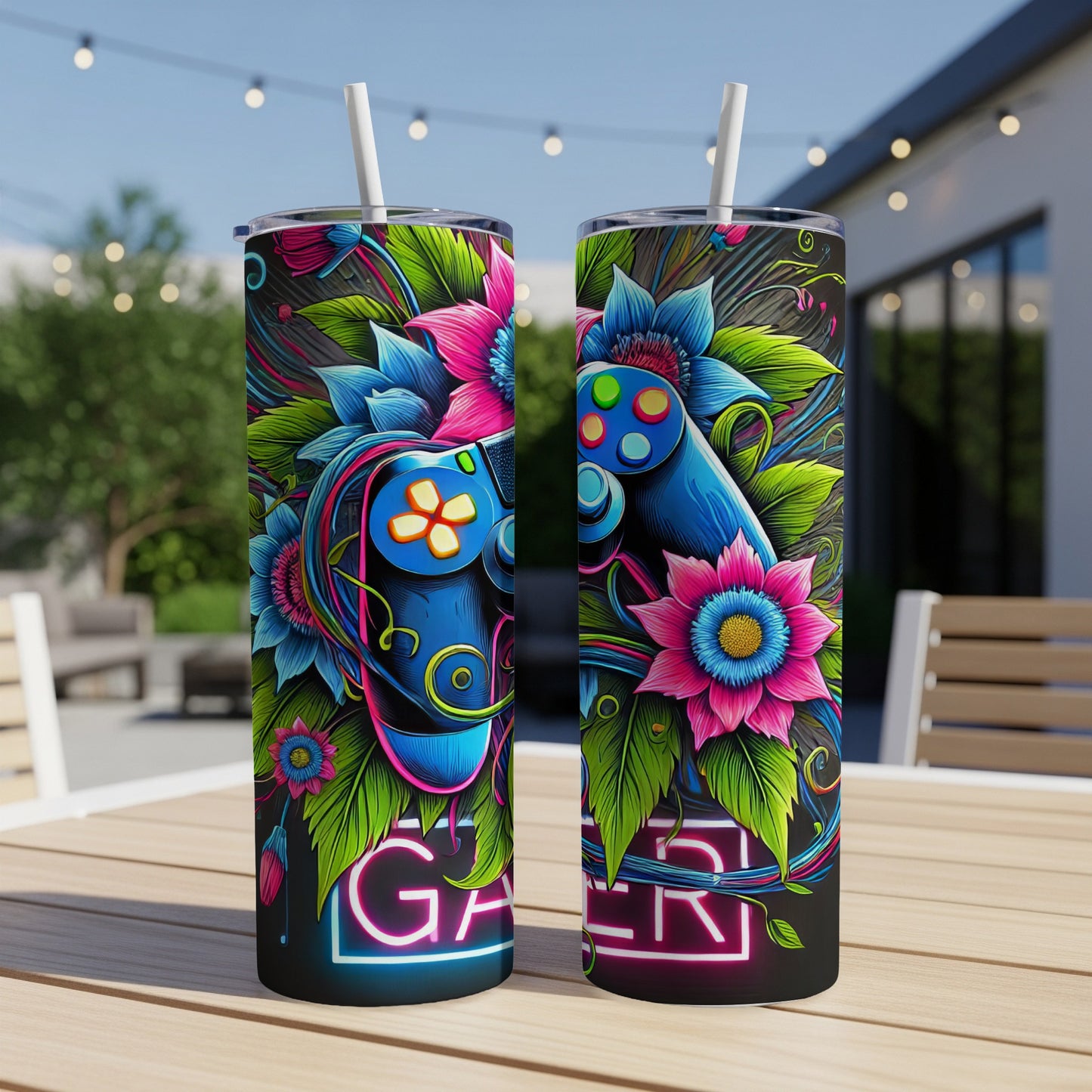 Two tumblers with neon "GAMER" text and colorful floral video game controller design.