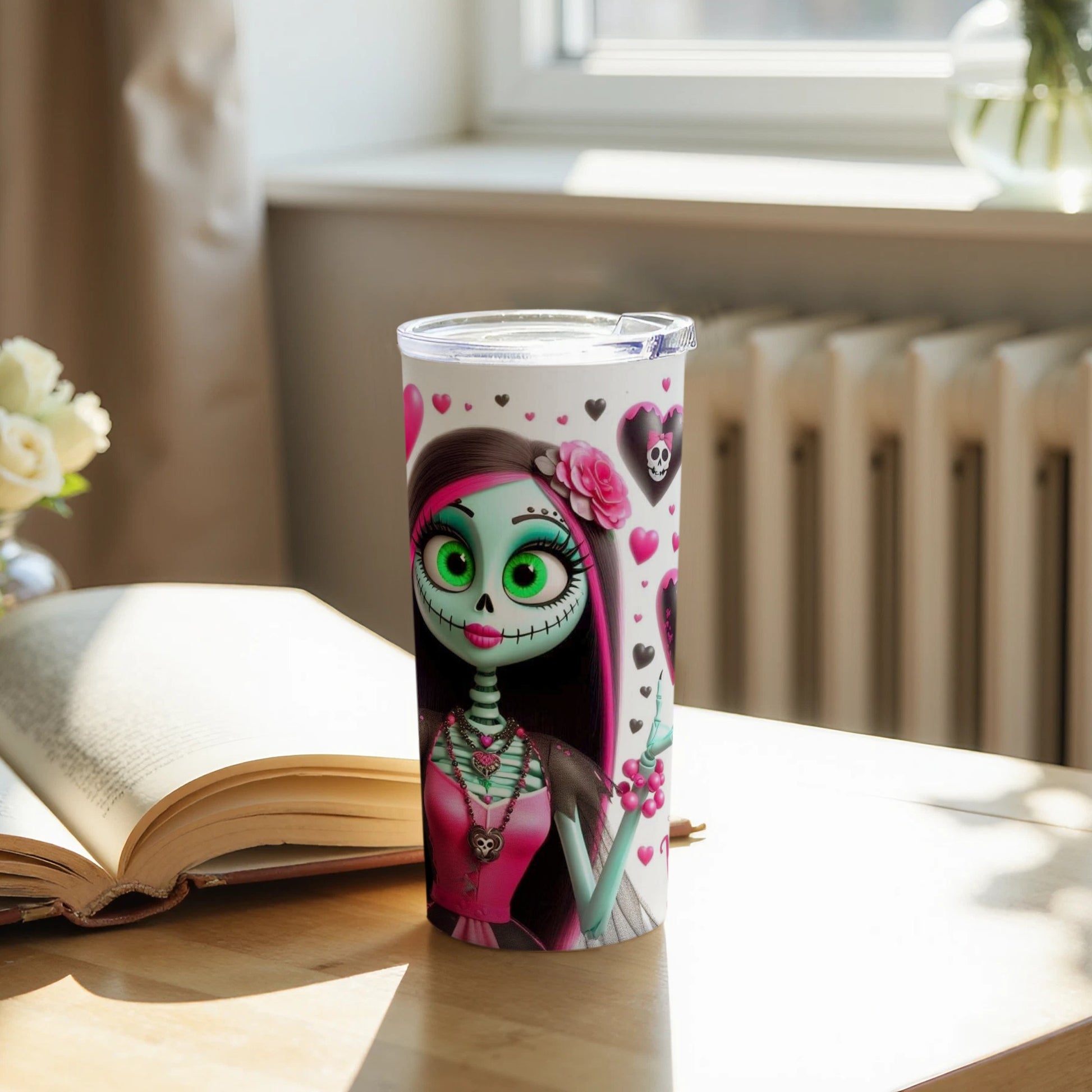 Cute Cartoon Skeleton with Pink Hearts Tumbler