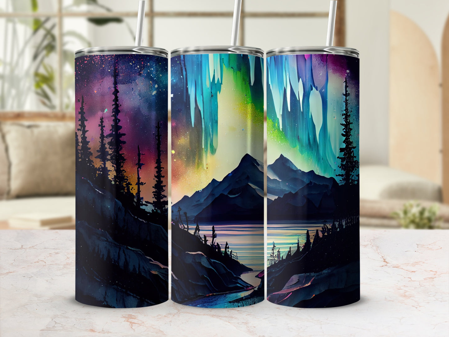 Aurora Borealis Scenic Artwork Travel Mug Set