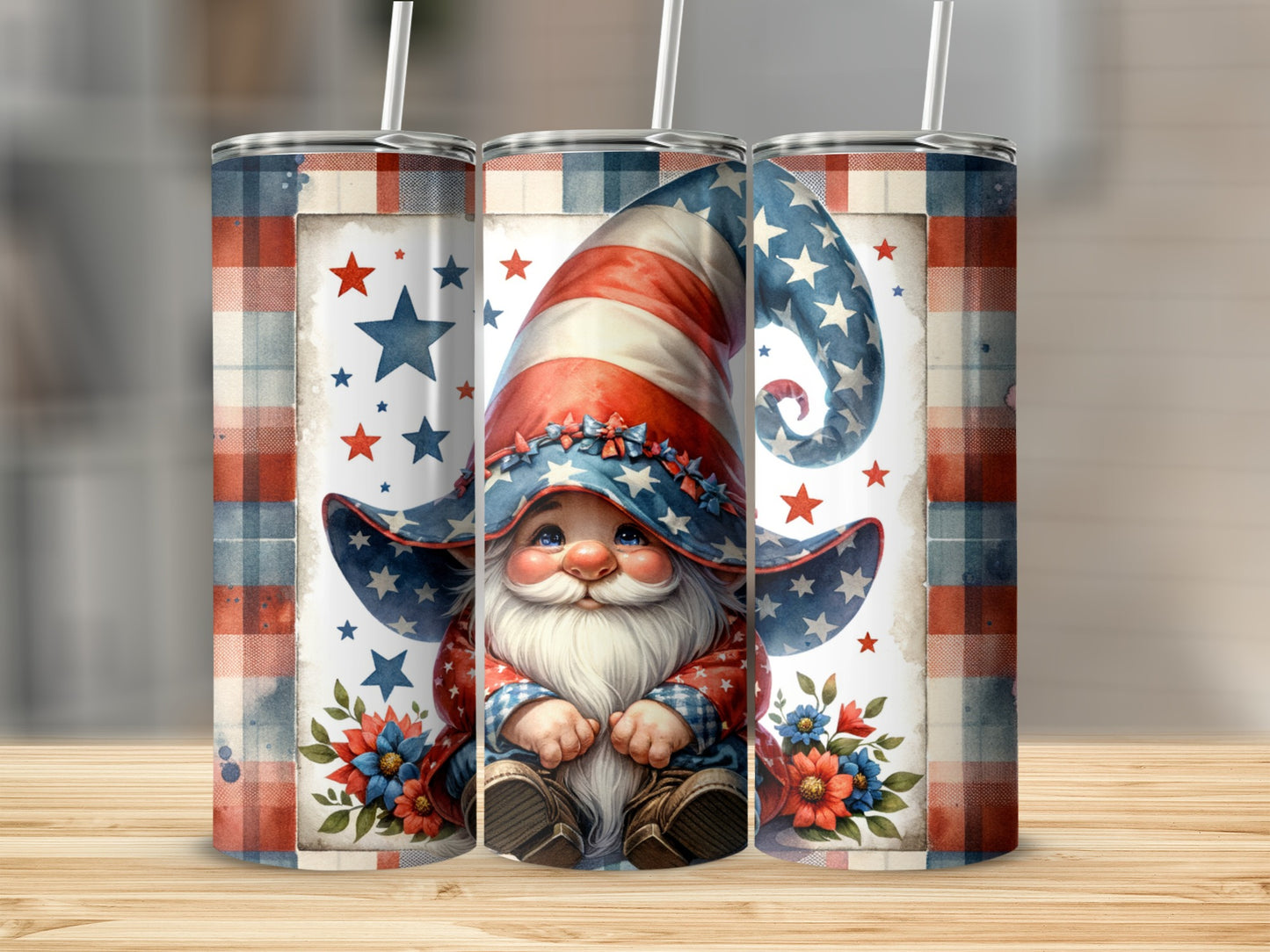 Fourth of July gnome wearing patriotic hat and stars, with plaid background.