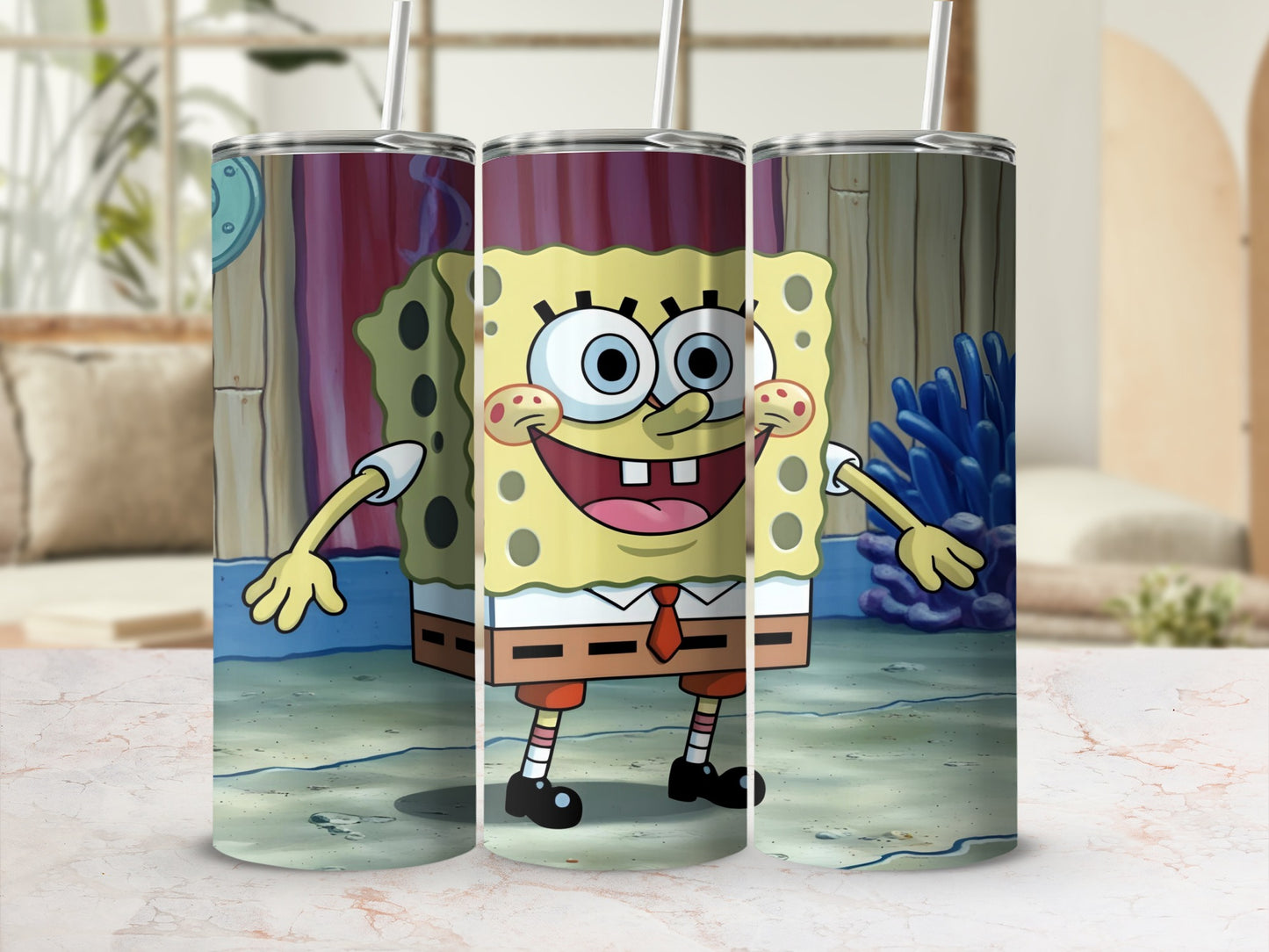 SpongeBob SquarePants character on a tumbler with a cartoon background.
