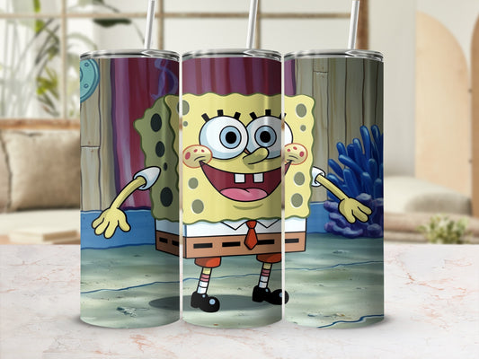SpongeBob SquarePants character on a tumbler with a cartoon background.