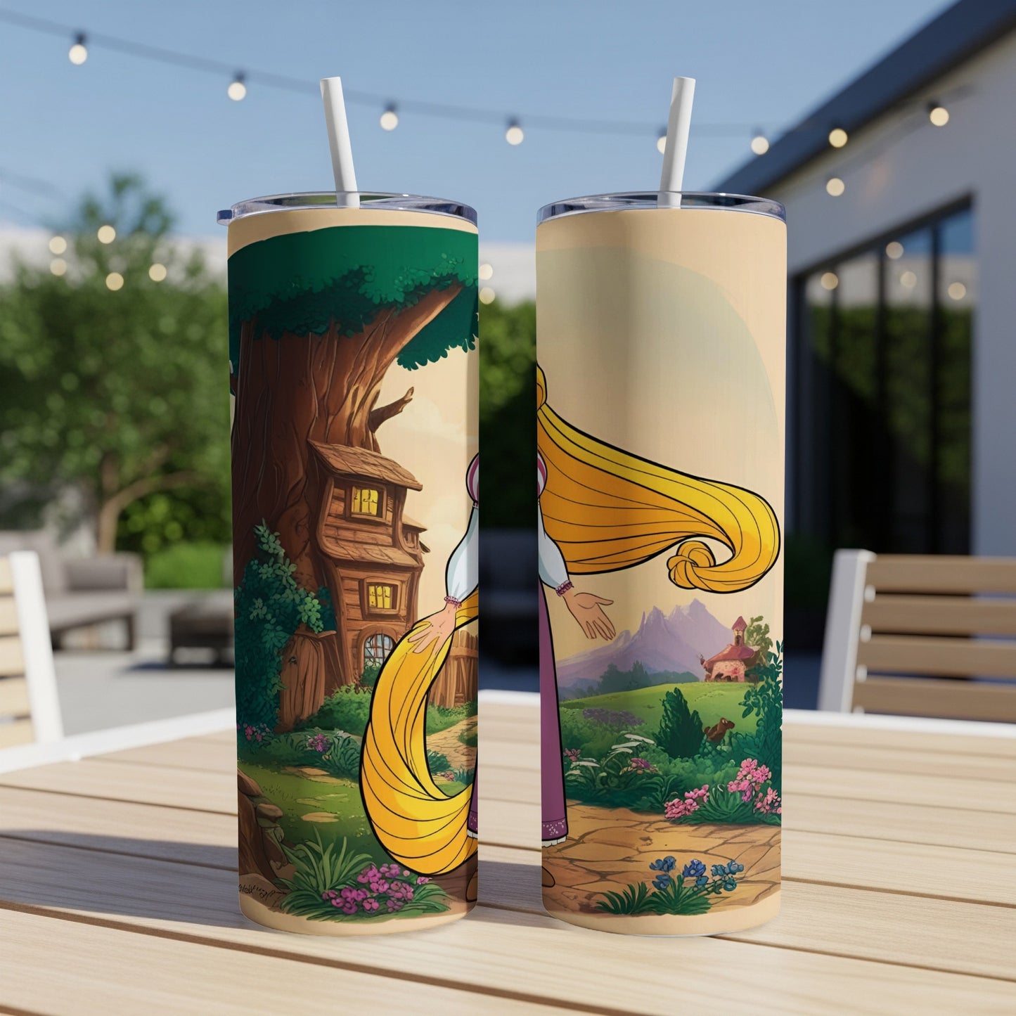 Rapunzel in a purple dress with long blonde hair, standing by a treehouse.