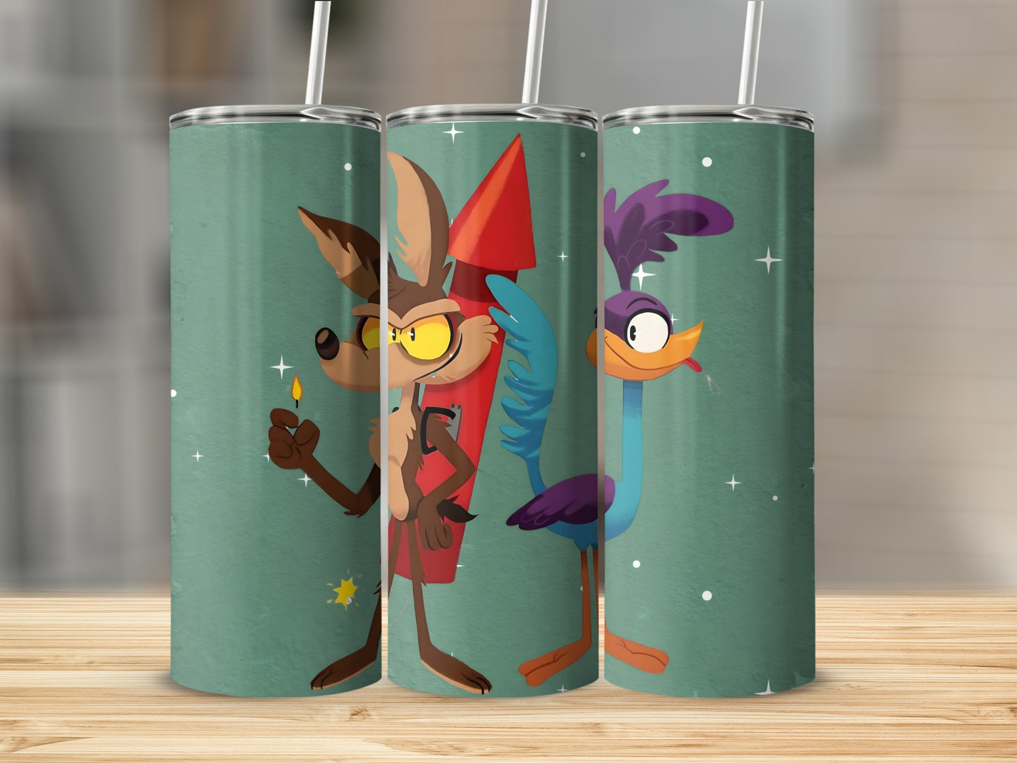 Cartoon Characters on Glittery Green Travel Tumblers