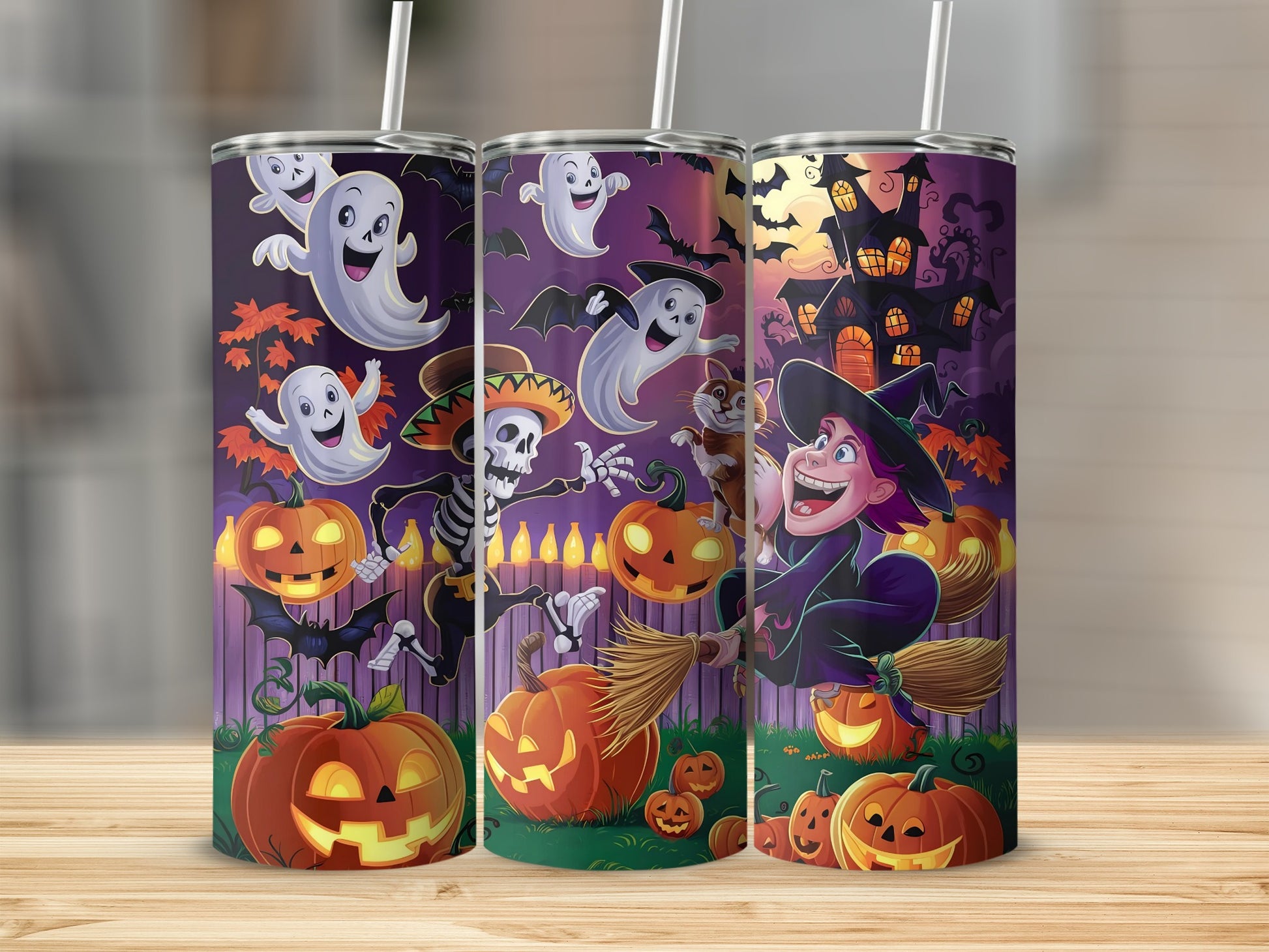 Halloween tumblers with ghosts, pumpkins, skeleton, witch, and haunted house designs.