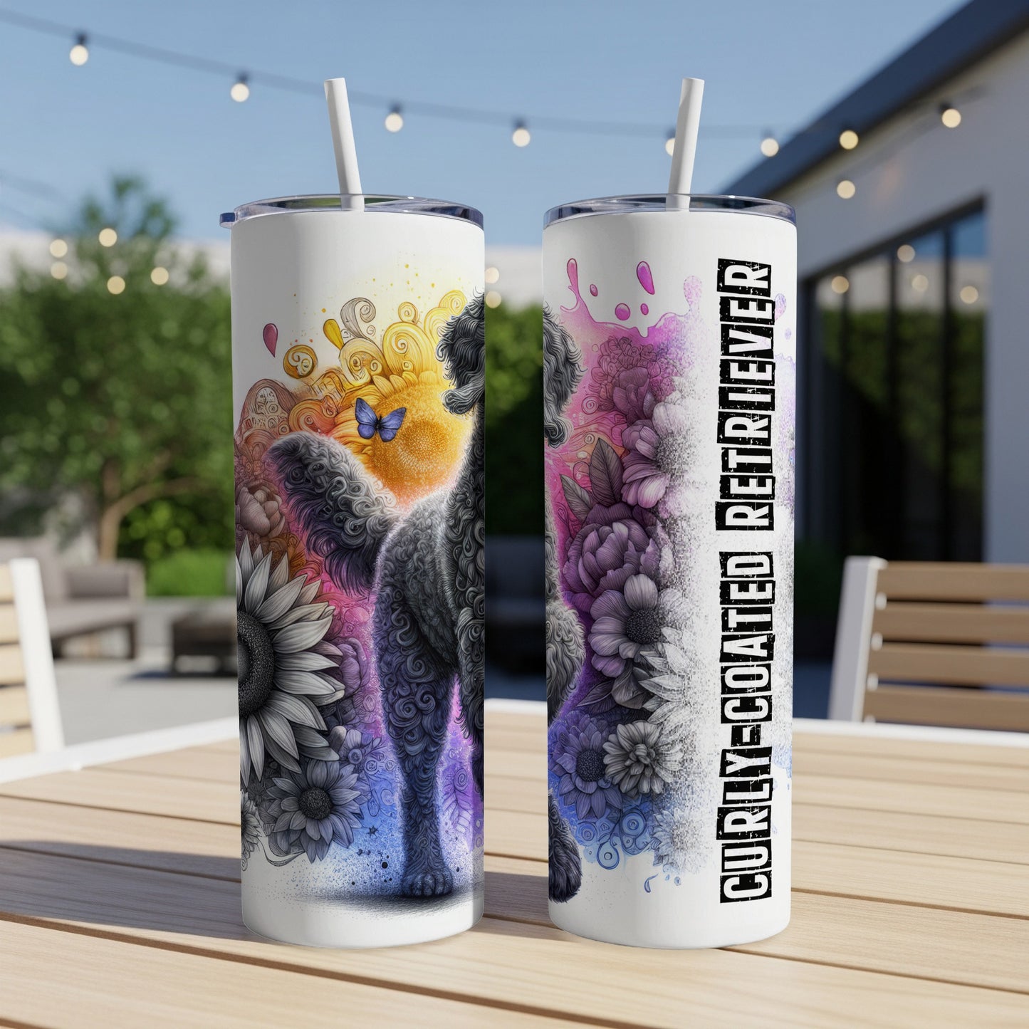Two white tumblers with a curly-coated retriever and floral design.