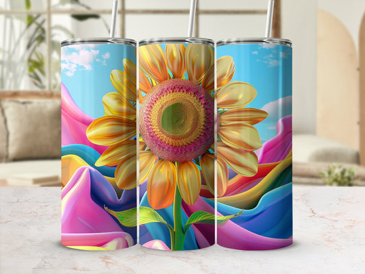 Three tumblers featuring a large, detailed sunflower design with colorful abstract background.