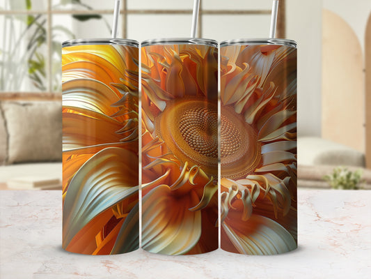 Close-up of three tumblers with a detailed sunflower design.