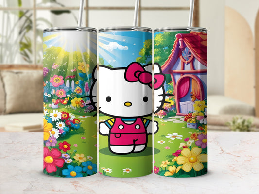Hello Kitty character in a pink outfit with a floral garden background.