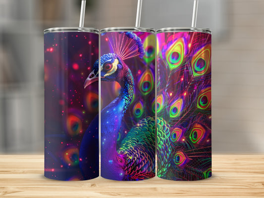 Three tumblers with colorful peacock feather designs, glowing lights, and a wooden surface.