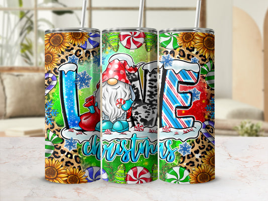Christmas gnome and sunflowers on tumbler with LOVE letters.